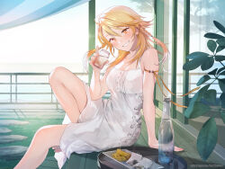Rule 34 | 1girl, arm support, armpit crease, bare legs, bare shoulders, barefoot, blonde hair, braid, breasts, character request, copyright request, dress, foot out of frame, glass bottle, grin, head tilt, highres, jar, knee up, legs, long hair, looking at viewer, medium breasts, medium hair, nail polish, okeno kamoku, orange nails, outdoors, plant, porch, potted plant, sitting, sleeveless, sleeveless dress, smile, solo, sundress, swept bangs, toes, veranda, water, white dress, yellow eyes