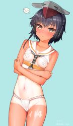 Rule 34 | 10s, :&lt;, artist name, between breasts, black hair, blue background, blush, body writing, breast cutout, breasts, brown eyes, cameltoe, cleft of venus, cowboy shot, crossed arms, dated, dutch angle, fundoshi, gluteal fold, hat, headphones, i-14 (kancolle), japanese clothes, kantai collection, kanzaki muyu, navel, one-piece tan, pasties, sailor collar, short hair, simple background, small breasts, solo, speech bubble, tan, tanline, twitter username