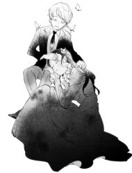 Rule 34 | 1boy, 1girl, aged down, bug, butterfly, dress, flower, formal, freckles, greyscale, hair flower, hair ornament, hand on another&#039;s head, insect, isabella (yakusoku no neverland), lap pillow, leslie (yakusoku no neverland), long dress, long hair, monochrome, neck tattoo, necktie, ni-si (nisi kun), number tattoo, one-piece swimsuit, simple background, sitting, sleeping, smile, suit, swimsuit, tagme, tattoo, white background, yakusoku no neverland