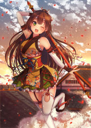 Rule 34 | 1girl, architecture, bare shoulders, brown hair, east asian architecture, geta, green eyes, hachimaki, hair ribbon, headband, japanese clothes, leg up, long hair, mitsuhachi8, one eye closed, open mouth, outdoors, petals, ribbon, rooftop, solo, staff, sunset, thighhighs, white thighhighs