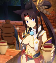 Rule 34 | 1girl, alcohol, anime coloring, armor, artist request, asymmetrical clothes, asymmetrical sleeves, bad id, bad twitter id, black hair, black hat, black panties, blue eyes, blue panties, blunt bangs, breasts, covered erect nipples, fate/grand order, fate (series), hat, highres, japanese armor, kusazuri, long hair, looking at viewer, medium breasts, midriff, mismatched sleeves, navel, no bra, panties, parted bangs, pitcher (container), pom pom (clothes), ponytail, revealing clothes, smile, solo, underboob, underwear, ushiwakamaru (fate), very long hair, wine