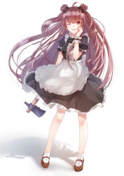 Rule 34 | 1girl, absurdres, ahoge, apron, axe, black bow, black bowtie, black dress, bow, bowtie, brown eyes, brown footwear, brown hair, center frills, dress, frilled apron, frills, full body, hair bow, hatchet, hatchet (axe), highres, long hair, looking at viewer, maid, maid headdress, mary janes, one eye closed, original, parted lips, puffy short sleeves, puffy sleeves, shoes, short sleeves, silhouette, sll, smile, socks, solo, standing, very long hair, waist apron, white background, white socks, wrist cuffs