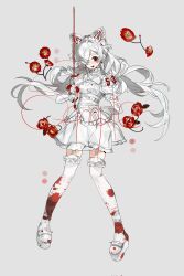 Rule 34 | 1girl, arms behind back, blood, blood on leg, dress, flower, full body, gloves, happybiirthd, highres, holding, holding sword, holding weapon, long hair, looking at viewer, open mouth, original, ponytail, rapier, red eyes, red flower, red rose, rose, simple background, smile, sword, thighhighs, wavy hair, weapon, white background, white dress, white gloves, white hair, white thighhighs