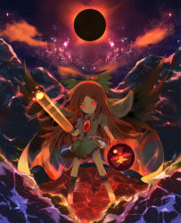 Rule 34 | 1girl, arm cannon, black sun, black wings, bow, brown hair, cape, chibi, cloud, eclipse, energy ball, female focus, glowing, glowing eyes, glowing weapon, gradient background, hair bow, hato no hito, mountain, night, outdoors, radiation symbol, red eyes, reiuji utsuho, shirt, skirt, sky, solo, star (sky), sun, third eye, touhou, weapon, wings