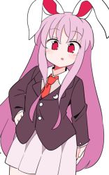 Rule 34 | 1girl, animal ears, black jacket, blazer, buttons, collared shirt, cowboy shot, hand on own hip, highres, ini (inunabe00), jacket, long hair, long sleeves, looking at viewer, necktie, open mouth, purple hair, rabbit ears, red eyes, red necktie, reisen udongein inaba, shirt, simple background, solo, standing, touhou, white background, white shirt