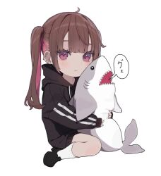 Rule 34 | 1girl, barbell piercing, blush, brown hair, chibi, daluto (hitomi555), ear piercing, expressionless, full body, highres, hood, hoodie, industrial piercing, long hair, looking at viewer, multicolored hair, original, piercing, pink hair, simple background, sitting, sleeves past wrists, socks, solo, stuffed animal, stuffed shark, stuffed toy, twintails, two-tone hair, white background, white socks