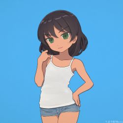 Rule 34 | 1girl, aged down, akagi (fmttps), artist name, blue background, blue shorts, brown hair, camisole, closed mouth, commentary, cutoffs, dark-skinned female, dark skin, denim, denim shorts, girls und panzer, green eyes, hand on own hip, head tilt, hoshino (girls und panzer), lips, looking at viewer, medium hair, micro shorts, shirt, shorts, simple background, smile, solo, thigh gap, twitter username, white shirt