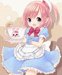 Rule 34 | 1girl, artist name, blue eyes, blush, cup, earrings, frills, jewelry, maid, mini person, minigirl, miriry, open mouth, phantasy star, phantasy star online 2, pink hair, pointy ears, pure maid dress, rappy, side ponytail, solo, teacup, wrist cuffs