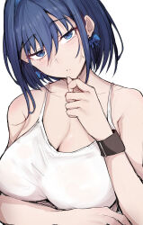 Rule 34 | 1girl, alternate costume, arm under breasts, black wrist cuffs, blue bow, blue eyes, blue hair, blush, bow, bow earrings, breasts, cleavage, closed mouth, earrings, highres, hololive, hololive english, jewelry, large breasts, looking at viewer, ouro kronii, sak1 01, shirt, short hair, solo, virtual youtuber, white background, white shirt, wrist cuffs