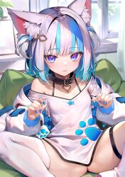 Rule 34 | 1girl, animal collar, animal ear fluff, animal ears, asymmetrical legwear, blue eyes, blue hair, blue nails, breasts, cat ears, cat girl, cat tail, collar, expressionless, highres, hood, hood down, hoodie, long sleeves, looking at viewer, multicolored hair, no pants, off-shoulder shirt, off shoulder, open clothes, open hoodie, original, shirokitsune, shirt, short hair, single thighhigh, small breasts, spread legs, tail, thigh strap, thighhighs, two-tone hair, two side up, uneven legwear, white hair, white hoodie, white thighhighs