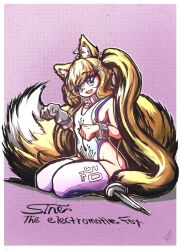 Rule 34 | 1girl, absurdres, animal collar, animal ear fluff, animal ears, blonde hair, blue eyes, breasts, clenched hands, collar, floofsmear, fox ears, fox girl, fox tail, gloves, highres, leotard, long hair, name tag, navel, open mouth, original, oscilloscope, resolution mismatch, self-upload, simple background, sitting, small breasts, smile, source smaller, tail, thick thighs, thighhighs, thighs, twintails, white gloves