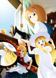 Rule 34 | 1girl, :d, alice margatroid, blonde hair, blue eyes, bow, bowtie, capelet, carrying, chu (chu chu3), curtains, day, doll, doll joints, dress, female focus, glass, hairband, hand mirror, hat, joints, long hair, looking back, mirror, open mouth, sewing machine, shanghai doll, short hair, smile, solo, sundress, touhou, window
