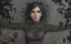 Rule 34 | 1girl, black hair, black shirt, blue eyes, blurry, blurry foreground, breasts, brooch, brown neckwear, brown vest, commentary request, depth of field, ergo proxy, highres, jewelry, long sleeves, looking at viewer, lying, medium hair, miura-n315, on back, outstretched arms, parted lips, re-l mayer, realistic, shirt, small breasts, solo, spread arms, swept bangs, vest