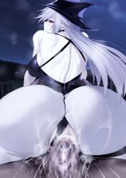 Rule 34 | 1boy, 1girl, arknights, ass, backboob, bare shoulders, blush, breasts, censored, clothing aside, cowgirl position, dark-skinned male, dark skin, doctor (arknights), elf, gladiia (arknights), grey hair, hat, highres, huge ass, large breasts, long hair, looking at viewer, looking back, nyamota, penis, pointy ears, pussy, red eyes, sex, smile, straddling, swimsuit, swimsuit aside, white hair