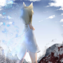 Rule 34 | 1girl, animal ear fluff, animal ears, bare arms, bare shoulders, blonde hair, blue sky, blurry, blurry foreground, cloud, commentary request, day, depth of field, dress, facing away, fox ears, fox girl, fox tail, from behind, highres, long hair, low ponytail, original, outdoors, ponytail, ruins, sky, sleeveless, sleeveless dress, solo, su guryu, tail, very long hair, white dress