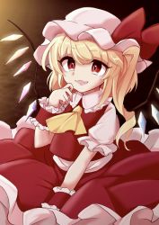 Rule 34 | 1girl, ascot, blonde hair, bow, brown background, commentary, cowboy shot, crystal, fang, flandre scarlet, frilled shirt collar, frilled skirt, frilled sleeves, frills, fugaku (miko no miyatsuguchi), hat, hat bow, highres, long hair, looking at viewer, mob cap, one side up, open mouth, puffy short sleeves, puffy sleeves, red bow, red eyes, red skirt, red vest, shirt, short sleeves, skirt, skirt set, smile, solo, touhou, vest, white shirt, wrist cuffs, yellow ascot