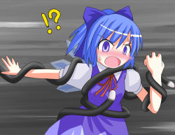 Rule 34 | !?, 1girl, blue eyes, blue hair, blush, bow, cat tail, chen, cirno, des (namaasi), hair bow, matching hair/eyes, multiple tails, open mouth, prehensile tail, purple eyes, ribbon, solo, tail, tail wrap, touhou