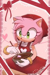 Rule 34 | 1girl, amy rose, animal ears, animal nose, artist name, bow, bowl, bracelet, breasts, chocolate, closed mouth, collared shirt, commentary, cooking, dress, english commentary, eyelashes, food, frills, furry, furry female, gloves, gold bracelet, green eyes, hands up, head scarf, heart, heart print, hedgehog ears, hedgehog girl, highres, holding, holding bowl, holding spatula, jewelry, looking down, lunaerim, medium breasts, pinafore dress, pink background, pink fur, red bow, red dress, red headwear, red scarf, scarf, shirt, simple background, sleeveless, sleeveless dress, sleeveless shirt, smile, solo, sonic (series), spatula, standing, table, white gloves, white shirt