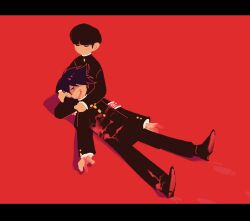 Rule 34 | 2boys, armband, black hair, black jacket, black pants, blood, blood on clothes, brothers, closed eyes, commentary, english commentary, footprints, full body, gakuran, highres, jacket, kageyama ritsu, kageyama shigeo, lap pillow, letterboxed, long sleeves, male focus, mob psycho 100, mp100days, multiple boys, nosebleed, pants, red background, school uniform, shadow, short hair, siblings, simple background