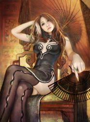 Rule 34 | 1girl, bad id, black thighhighs, blue eyes, breasts, cropped, crossed legs, eat, eat0123, fingernails, folding fan, hand fan, impossible clothes, impossible shirt, kaiko (artist), large breasts, lips, long fingernails, long hair, oil-paper umbrella, orange hair, original, photorealistic, realistic, sharp fingernails, shirt, side slit, sitting, solo, thighhighs, umbrella