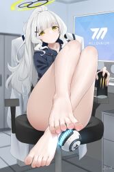 Rule 34 | 1girl, absurdres, ass, barefoot, black hoodie, blue archive, blush, can, chair, closed mouth, cross hair ornament, feet, fingernails, green eyes, grey hair, hair ornament, halo, hare (blue archive), highres, holding, holding can, hood, hood down, hoodie, indoors, j.c.14, long hair, long sleeves, looking at viewer, monitor, monster energy, signature, solo, toenails, toes