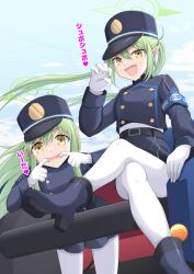 Rule 34 | 2girls, armband, belt, black belt, black hat, blue archive, blue armband, blush, buttons, cross (crossryou), double-breasted, gloves, green hair, green halo, halo, hat, highres, hikari (blue archive), long hair, long sleeves, looking at viewer, multiple girls, nozomi (blue archive), open mouth, pantyhose, peaked cap, pleated skirt, pointy ears, skirt, train conductor, white gloves, white pantyhose, yellow eyes