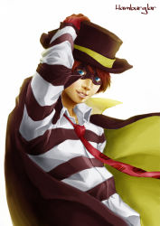 Rule 34 | 1boy, blue eyes, burger, cape, character name, food, gloves, hamburglar, hat, looking at viewer, male focus, mascot, mask, mcdonald&#039;s, necktie, nurikabe (mictlan-tecuhtli), red hair, shirt, solo, striped clothes, striped shirt, white background