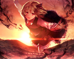 Rule 34 | 1girl, :d, blonde hair, darkness, female focus, flying, hair ribbon, highres, leg up, lens flare, light rays, looking at viewer, open mouth, outstretched arms, red eyes, ribbon, rumia, skirt, sky, smile, solo, spread arms, sun, sunakumo, sunbeam, sunlight, sunrise, sunset, touhou