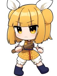 Rule 34 | 1girl, armor, armored dress, black footwear, blonde hair, bloomers, blunt bangs, closed mouth, dress, frown, full body, goingsushi, haniwa (statue), highres, holding, joutouguu mayumi, short hair, simple background, touhou, underwear, white background, yellow dress, yellow eyes