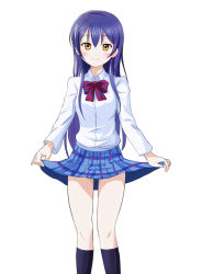 Rule 34 | 10s, 1girl, black socks, blouse, blue hair, blue skirt, blush, bow, bowtie, collared shirt, kneehighs, long hair, long sleeves, looking at viewer, love live!, love live! school idol project, otonokizaka school uniform, rayhwang, red bow, school uniform, shirt, simple background, skirt, smile, socks, solo, sonoda umi, standing, striped bow, striped bowtie, striped clothes, white background, white shirt, yellow eyes