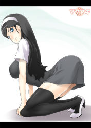 Rule 34 | 10s, 1girl, all fours, ass, black hair, black thighhighs, blue eyes, blush, breasts, feet, hairband, high heels, highres, hornet (artist), kumashiro maya, large breasts, legs, long hair, looking at viewer, seikimatsu occult gakuin, sideboob, simple background, solo, thighhighs, thighs
