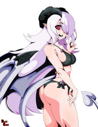 Rule 34 | 1girl, :d, absurdres, ass, bare arms, bare shoulders, bikini, breasts, commentary, cowboy shot, demon girl, demon horns, demon tail, demon wings, from side, grey hair, hair over one eye, hand on own leg, highres, horns, ilassa (elh), lilim (monster girl encyclopedia), long hair, looking at viewer, looking to the side, medium breasts, monster girl encyclopedia, one eye covered, open mouth, original, pointy ears, red eyes, reddgeist, signature, simple background, slit pupils, smile, solo, standing, swimsuit, tail, white background, wings