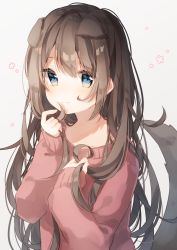 Rule 34 | 1girl, absurdres, animal ears, blue eyes, blush, brown hair, closed mouth, dog ears, dog tail, gradient background, grey background, hand in own hair, heripiro, highres, holding, holding own hair, long hair, long sleeves, looking at viewer, open mouth, original, pink sweater, sleeves past wrists, smile, solo, sweater, tail, upper body, very long hair