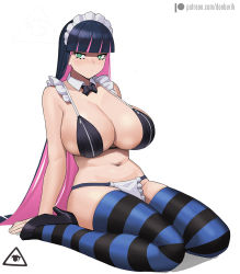 Rule 34 | 1girl, bare arms, bikini, black bow, black bowtie, black hair, blunt bangs, bow, bowtie, breasts, cleavage, closed mouth, detached collar, donburi (donburikazoku), green eyes, high heels, highres, kneeling, large breasts, long hair, looking at viewer, maid, maid bikini, maid headdress, multicolored hair, navel, panty &amp; stocking with garterbelt, pink hair, sideboob, solo, stocking (psg), striped clothes, striped thighhighs, swimsuit, thighhighs, two-tone legwear, unconventional maid, white background, white headwear