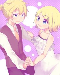 Rule 34 | 1boy, 1girl, adolescence (vocaloid), aoi choko (aoichoco), bad id, bad twitter id, bare arms, bare shoulders, blonde hair, brother and sister, camisole, close-up, collarbone, dancing, eye contact, flat chest, flower, hair ornament, hairclip, halterneck, holding hands, highres, interlocked fingers, kagamine len, kagamine rin, looking at another, necktie, open mouth, polka dot, polka dot background, shirt, short hair, short ponytail, siblings, sleeveless blazer, smile, spaghetti strap, twins, upper body, vocaloid, white camisole, yellow neckwear