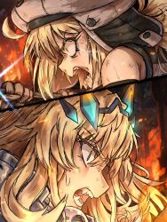 2girls armor artoria_caster_(fate) artoria_caster_(first_ascension)_(fate) artoria_pendragon_(fate) barghest_(fate) barghest_(first_ascension)_(fate) blonde_hair cabbie_hat dress ebora fate/grand_order fate_(series) fire gloves green_eyes grey_gloves grey_hat hat highres horns long_hair multiple_girls open_mouth pauldrons shoulder_armor sleeveless sleeveless_dress staff tears twintails white_dress