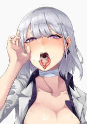 Rule 34 | 1girl, after fellatio, blush, breasts, collarbone, cum, cum in mouth, cum on tongue, formal, girls&#039; frontline, heart, heart-shaped pupils, highres, large breasts, nakiusagi, open mouth, purple eyes, rpk-16 (girls&#039; frontline), rpk-16 (renate) (girls&#039; frontline), short hair, silver hair, solo, stray pubic hair, suit, sweat, symbol-shaped pupils, tongue, tongue out, upper body, white background, white suit