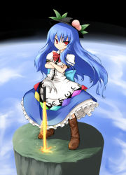 Rule 34 | 1girl, blue dress, blue hair, boots, bow, crossed arms, dress, earth (planet), female focus, food, fruit, full body, hat, hinanawi tenshi, keystone, long hair, nature, nice (artist), peach, planet, plant, red eyes, smile, solo, space, sword, sword of hisou, touhou, weapon