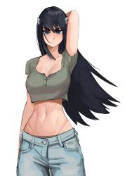 Rule 34 | 1girl, absurdres, arm at side, arm behind head, black hair, blue eyes, blue pants, blush, breasts, cleavage, closed mouth, collarbone, crop top, denim, expressionless, floating hair, hair ornament, highres, jeans, kill la kill, kiryuuin satsuki, large breasts, long hair, looking at viewer, midriff, navel, panties, pants, panty peek, pantyslip, redrawn, short sleeves, simple background, solo, tefi blum, thick eyebrows, underwear, v-shaped eyebrows, white background
