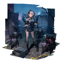 Rule 34 | 1girl, :d, arknights, black footwear, blue gloves, boots, full body, gloves, grey eyes, grey jacket, grey shirt, hand up, highres, holding, huanxiang heitu, jacket, long sleeves, looking at viewer, mayer (arknights), mayer (visionblazer in the courtyard) (arknights), official alternate costume, official art, open clothes, open jacket, open mouth, pointing, robot, shadow, shirt, short hair with long locks, silver hair, smile, solo, standing, thighs, transparent background