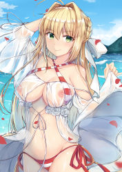 Rule 34 | 1girl, absurdres, ahoge, arm behind head, arm up, bare shoulders, bikini, bird, blonde hair, blue sky, blush, braid, breasts, cleavage, closed mouth, collarbone, cowboy shot, criss-cross halter, day, fate/grand order, fate (series), flower, green eyes, hair between eyes, hair intakes, halterneck, highres, holding, large breasts, navel, nero claudius (fate), nero claudius (fate) (all), nero claudius (swimsuit caster) (fate), nero claudius (swimsuit caster) (third ascension) (fate), nipple slip, nipples, ocean, outstretched arms, petals, red bikini, red ribbon, ribbon, rinringyo, rose, see-through, side-tie bikini bottom, sky, smile, solo, stomach, striped bikini, striped clothes, swimsuit, white flower, white rose