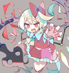 Rule 34 | 1girl, ascot, baron (x5qgeh), blonde hair, collared shirt, crystal wings, fang, flandre scarlet, frilled skirt, frills, grey background, laevatein (touhou), looking at viewer, multicolored wings, no headwear, one side up, open mouth, reaching, reaching towards viewer, red eyes, red nails, red skirt, red vest, shirt, short hair, short sleeves, simple background, skirt, skirt set, solo, touhou, vest, white shirt, wings, yellow ascot