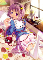 Rule 34 | 1girl, back, bad id, bad pixiv id, bed, blush, book, cake, cnm, comic, curtains, cushion, floral print, flower, food, from behind, fruit, garter straps, hairband, komeiji koishi, komeiji satori, long sleeves, looking at viewer, looking back, lying, on stomach, open book, portrait, pot, purple eyes, purple hair, reading, red flower, red rose, rose, short hair, solo, spoon, strawberry, sunlight, thighhighs, third eye, touhou, white thighhighs, wide sleeves, yellow flower, yellow rose