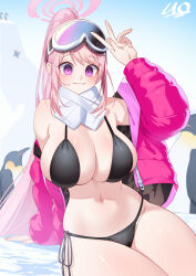 Rule 34 | 1girl, animal, arm support, bikini, bird, black bikini, black bow, blue archive, blue sky, bow, breasts, coat, eimi (blue archive), eimi (swimsuit) (blue archive), goggles, goggles on head, halo, highres, horange, large breasts, long hair, long sleeves, looking at viewer, navel, official alternate costume, open clothes, open coat, outdoors, penguin, pink coat, pink hair, pink halo, ponytail, purple eyes, side-tie bikini bottom, signature, sky, smile, solo, swimsuit