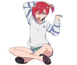 1girl amate_yuzuriha aqua_eyes commentary_request earrings food_in_mouth full_body gundam gundam_gquuuuuux highres indian_style jewelry long_sleeves nemu_mohu one_eye_closed red_hair short_hair short_shorts shorts simple_background sitting slippers solo stud_earrings sweater white_background white_sweater