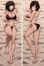 Rule 34 | 1girl, absurdres, ass, bare shoulders, bikini, black hair, blush, breasts, cleavage, cookie, dakimakura (medium), flower, food, highres, large breasts, lying, multicolored hair, on back, pillow, ravenravenraven, red hair, rose, ruby rose, rwby, short hair, grey eyes, solo, swimsuit, thighs, two-tone hair