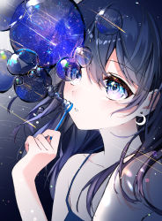 Rule 34 | 1girl, absurdres, blue eyes, blue hair, blowing bubbles, collarbone, crescent, crescent earrings, earrings, hair between eyes, highres, jewelry, long hair, nolma7, original, parted lips, sleeveless, soap bubbles, solo, straight hair, strap gap, upper body