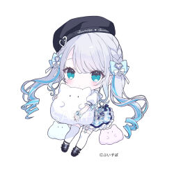 Rule 34 | 1girl, beret, black footwear, black hat, blue bow, blue eyes, blue hair, blue skirt, bow, braid, chibi, chibi only, commentary request, frilled skirt, frills, full body, grey hair, hair bow, hair ornament, hat, heart, heart hair ornament, holding, kaga sumire, looking at viewer, multicolored hair, onineko, plaid, plaid skirt, puffy short sleeves, puffy sleeves, ringlets, sample watermark, shirt, shoes, short sleeves, simple background, skirt, solo, streaked hair, thighhighs, twintails, virtual youtuber, vspo!, watermark, white background, white shirt, white thighhighs, wrist cuffs