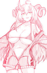 Rule 34 | 1girl, ahoge, bare shoulders, bikini, blush, breasts, bridal garter, collarbone, cowboy shot, curled horns, demon horns, fang, hair between eyes, highres, horns, jacket, unworn jacket, large breasts, long hair, long sleeves, looking at viewer, magrona, magrona channel, micro bikini, midriff, monochrome, navel, off shoulder, open mouth, pen (pen3), red theme, sketch, skin fang, skindentation, smile, solo, spot color, swimsuit, very long hair, virtual youtuber, yellow eyes, zipper