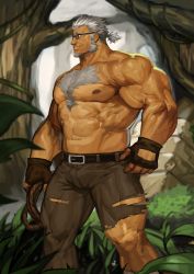 Rule 34 | 1boy, abs, absurdres, bara, blue eyes, brown gloves, brown pants, bulge, chest hair, facial hair, gloves, goatee, grey hair, highres, large pectorals, live a hero, male focus, marfik (live a hero), muscular, navel, nipples, old, old man, pants, pectorals, short hair, sideburns, solo, thick thighs, thighs, topless male, torn clothes, torn pants, traver009